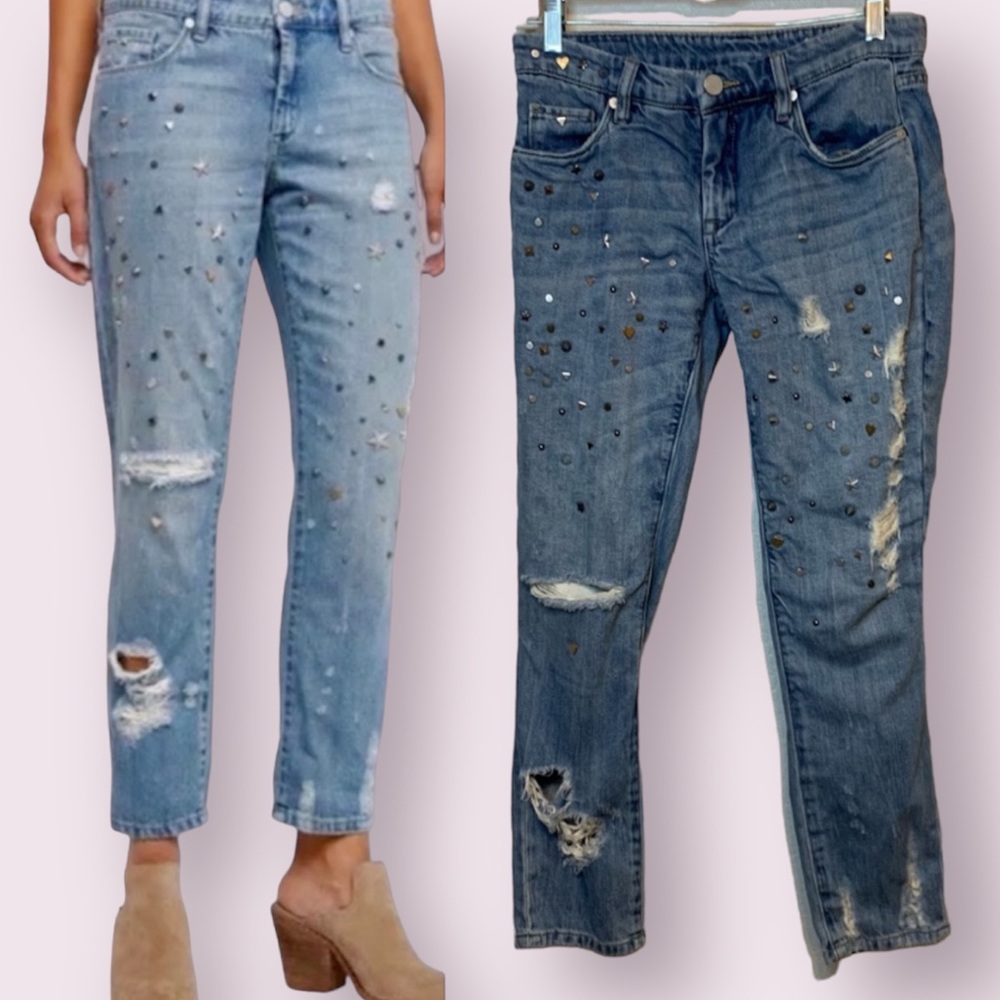 Blank NYC Crop Girlfriend Jeans Studded Distressed Holes Med Wash Blue Size 25